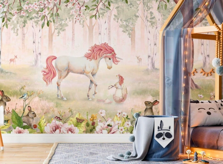 "Transform your space with fantasy forest bedroom wallpaper designs, featuring enchanted creatures for a whimsical decor."