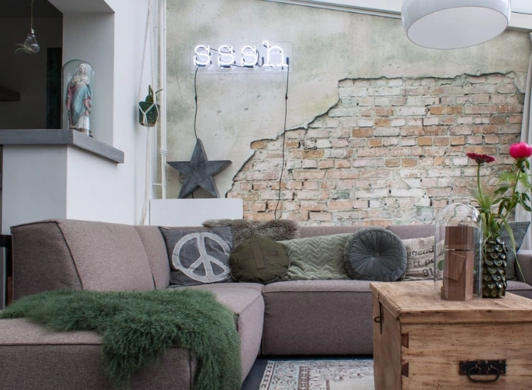 "Add industrial chic with faux brick or stone living room wallpaper design, using wallpaper for living room to create stylish, urban decor ideas."