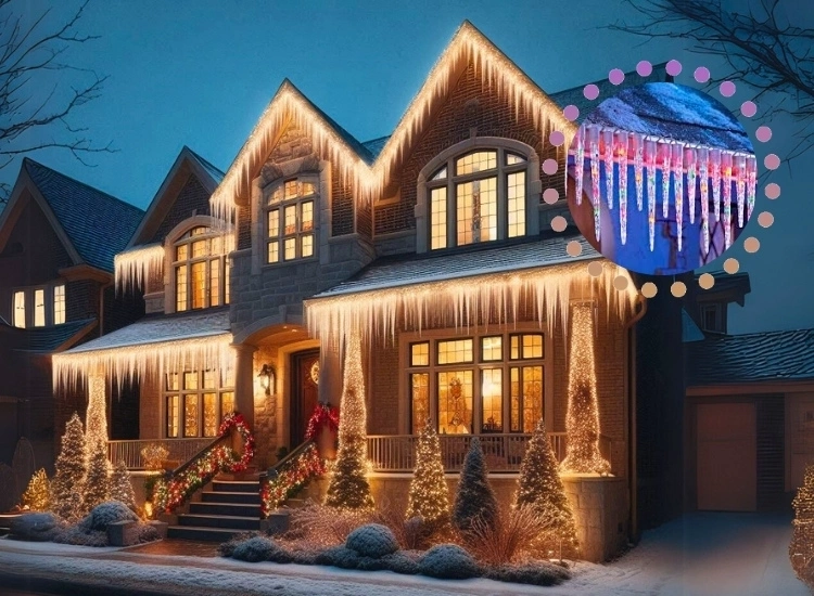 "Add a frosty touch to your festive decor with icicle lights, creating a sparkling and magical effect for your Christmas lighting for home."