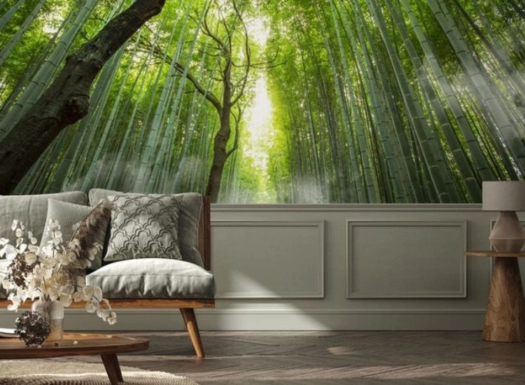 "Bring rustic elegance with bamboo or wood paneling effect living room wallpaper design, enhancing your living room wallpaper decor ideas for a natural ambiance."