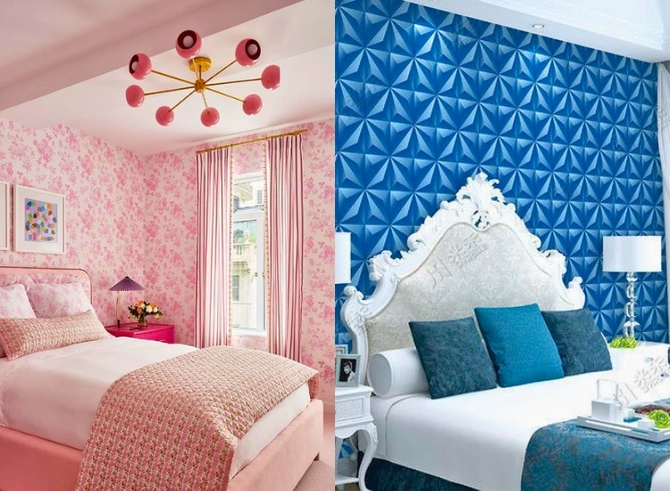 "Add a vibrant touch with pink and blue bedroom wallpaper designs for a playful yet stylish bedroom wallpaper decor."