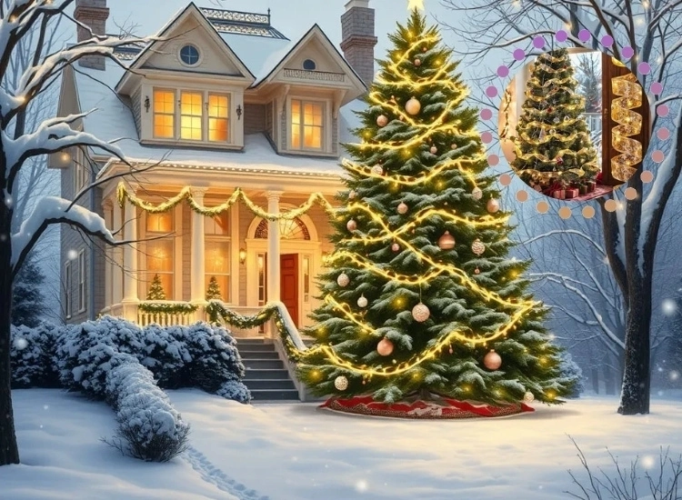 "Achieve effortless coverage with ribbon string lights, creating a magical glow that enhances your Christmas home decoration beautifully."