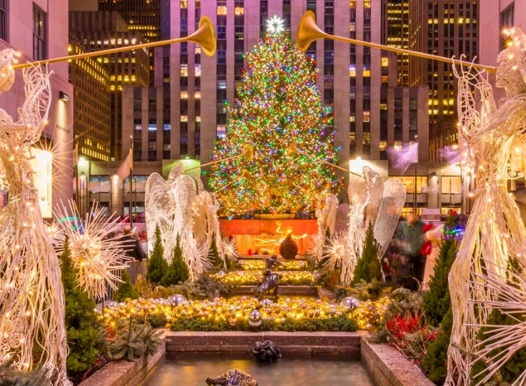 "Celebrate a timeless holiday tradition with the iconic Rockefeller Christmas lighting, creating a magical festive atmosphere."
