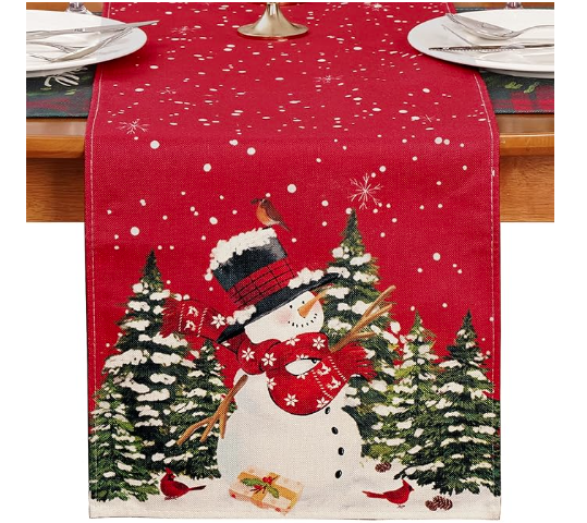 Snowman Red Table Runner