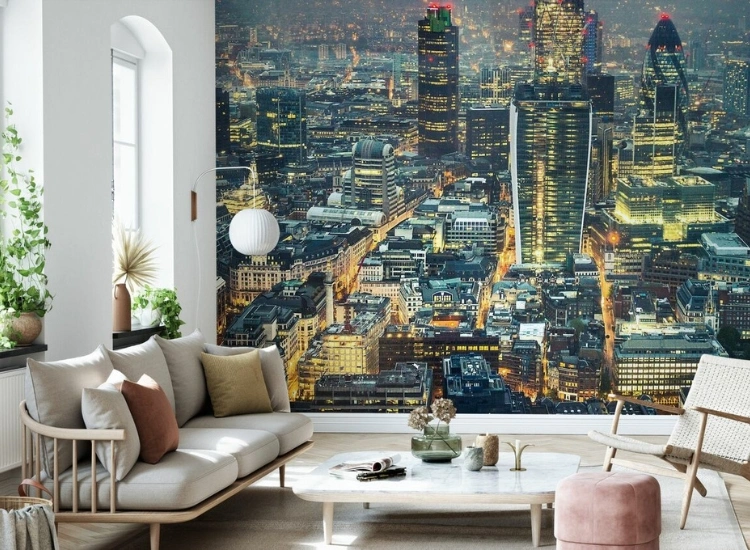 "Create unique design appeal with customized murals and bespoke prints for living room wallpaper, adding personalized decor ideas to your space."