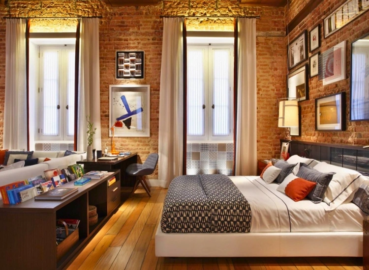 "Create urban loft vibes with exposed brick wallpaper designs for a chic, modern bedroom wallpaper decor."