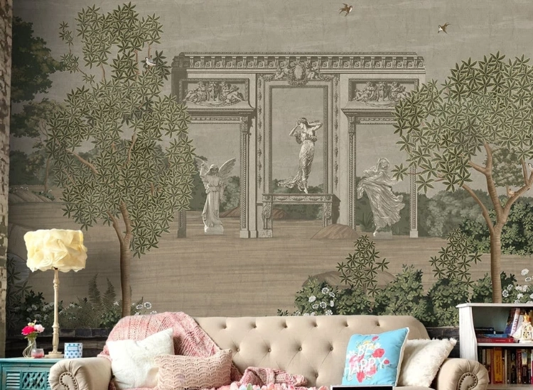 Vintage inspired retro motif wallpaper for living room