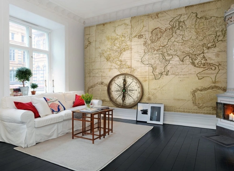 "Vintage map wallpaper design for living room, adding a classic, travel-inspired touch to your home decor."