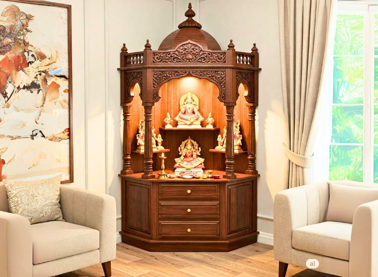 Corner unit home mandir design for compact homes with space-saving shelves and soft lighting.