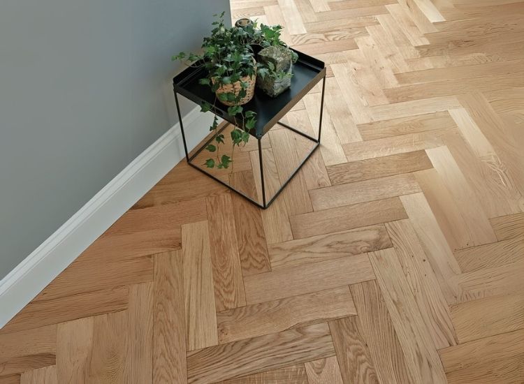 Sophisticated engineered wood flooring and a planter on a wooden floor, adding a touch of nature to the room's ambiance