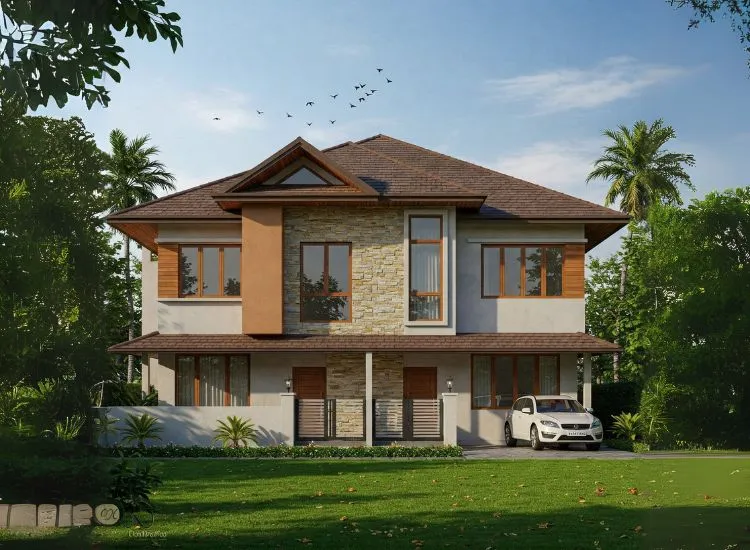 A stylish modern duplex house design featuring a sloped roof, elegant duplex house interior, and a well-planned upper floor design.