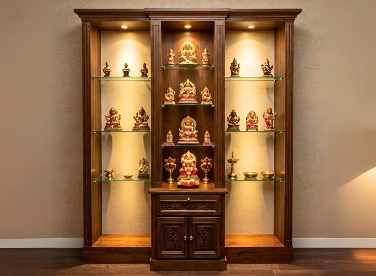 Glass And Wood Pooja Unit Design.