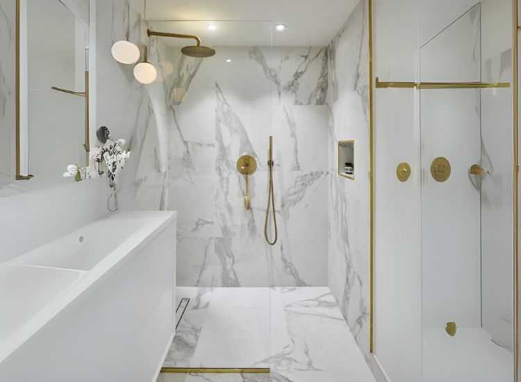 11. Statuario marble bathroom and living room design