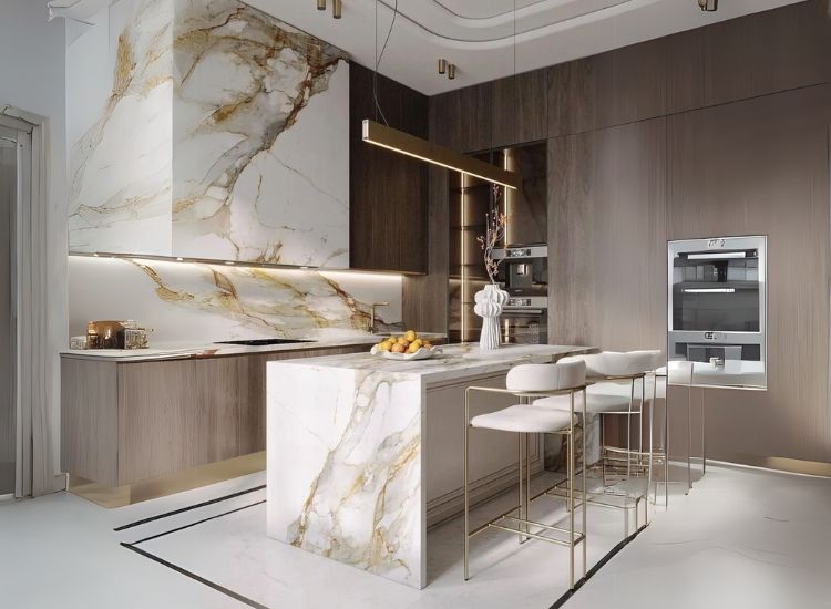 12. Statuario marble kitchen countertop backsplash