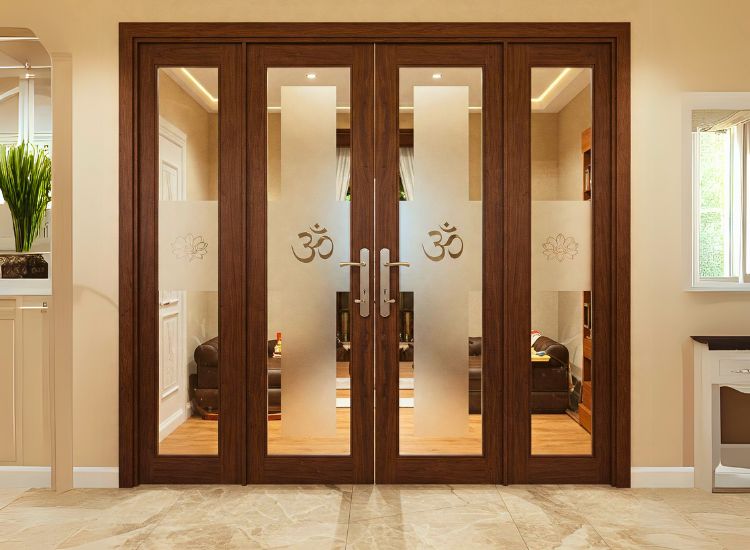 13. Pooja Room Door Design With Glass And Wood Blend