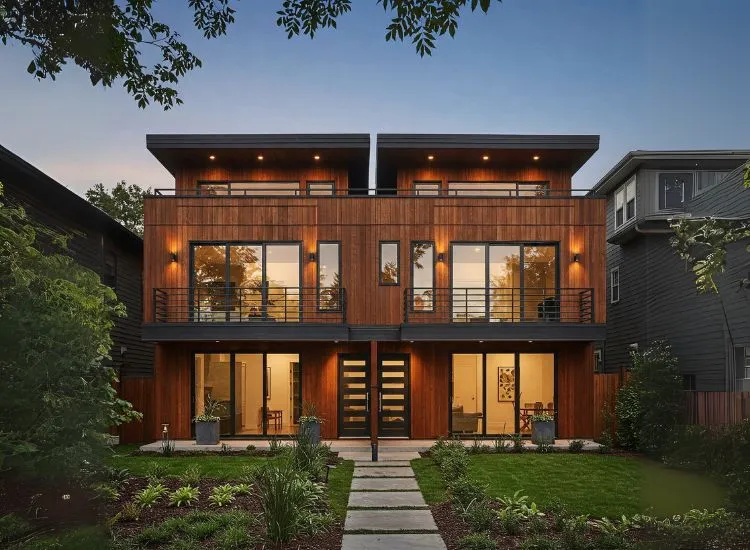 A stunning modern duplex house design featuring a warm wooden exterior, elegant duplex house interior, and a contemporary upper floor design.