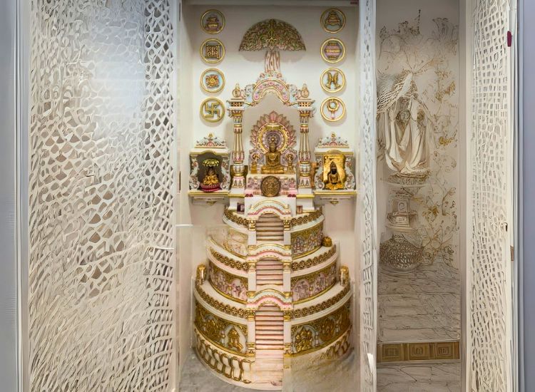 14. Marble Pooja Room With Sculptural Element