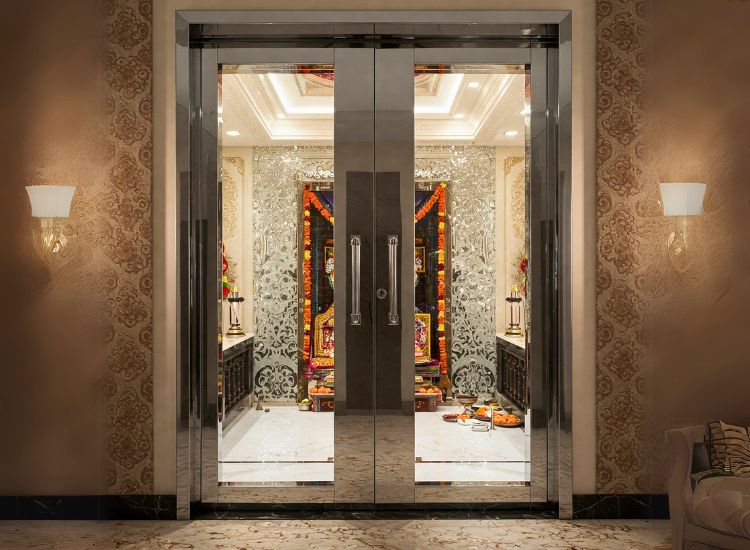 14. Pooja Room Door Design In Glass And Metal
