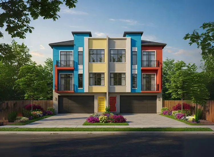 A vibrant modern duplex house design featuring a colorful exterior, stylish duplex house interior, and a contemporary upper floor design.
