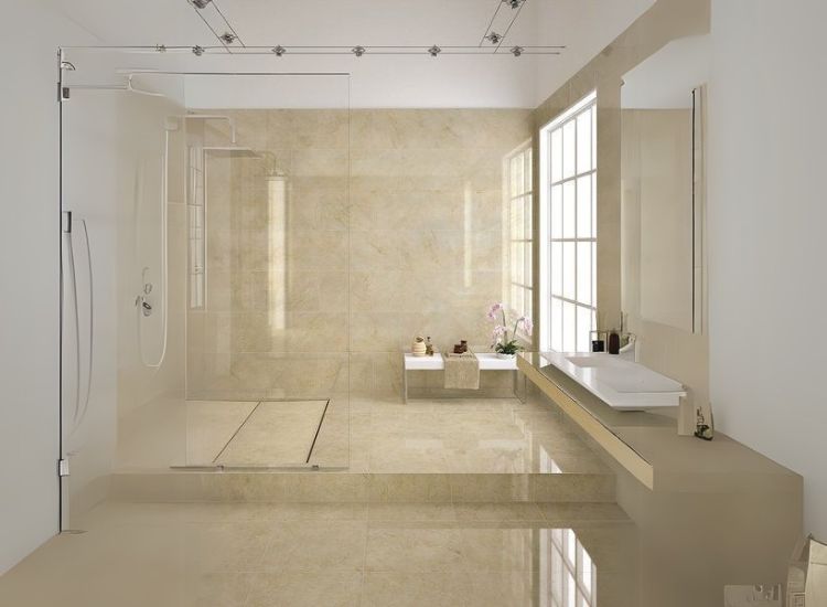 Beige botticino marble flooring creating stunning appeal in the living room.