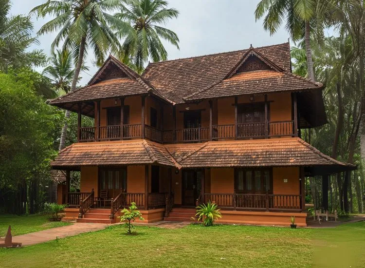 A beautiful Kerala-style duplex house design featuring sloping roofs, wooden accents, and a spacious duplex house interior with traditional charm.