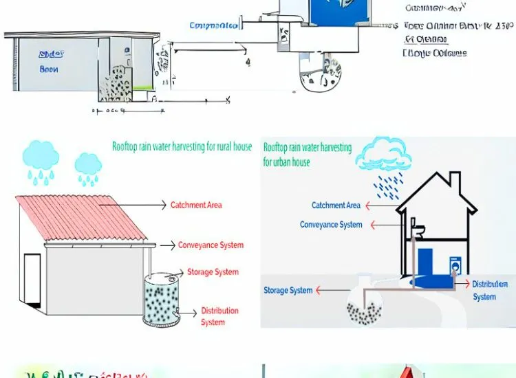 Illustration of rainwater harvesting and greywater recycling in a 2BHK house, promoting water conservation and sustainable living.