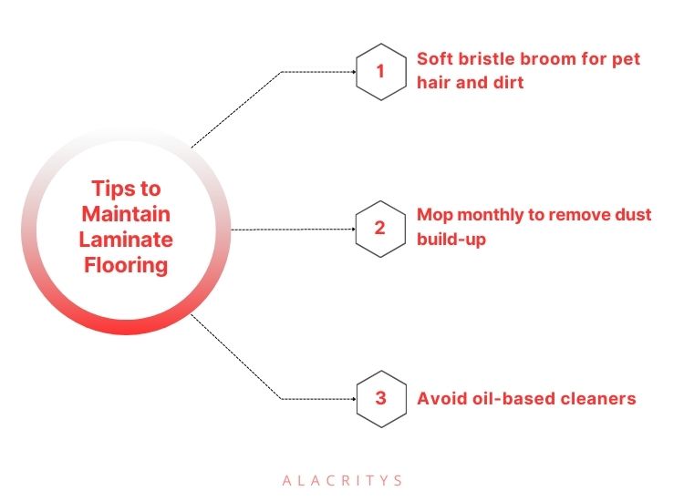 Laminate flooring maintenance requires a soft-bristled broom for dust, monthly mopping, and the avoidance of oil-based cleaners