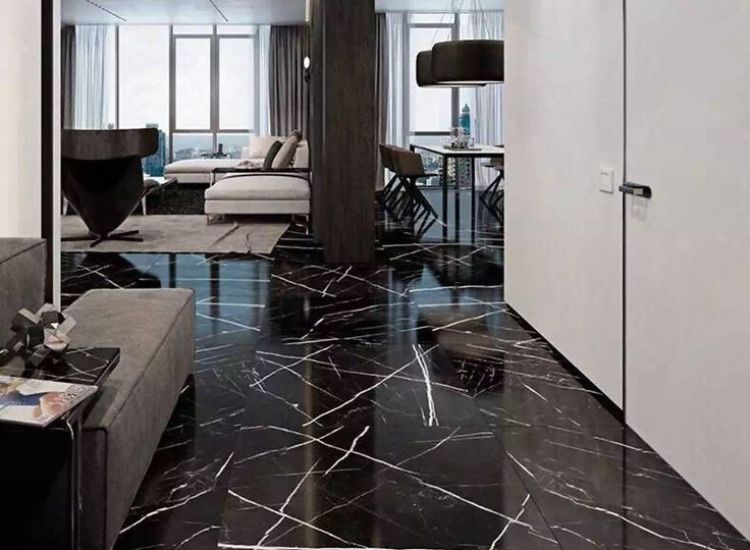 Beautiful nero marquina marble flooring strikingly contrasting impact of the home.