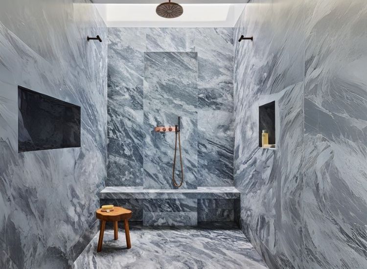 A luxurious bathroom design with elegant Bardiglio marble walls and flooring, creating a sophisticated and timeless ambiance.