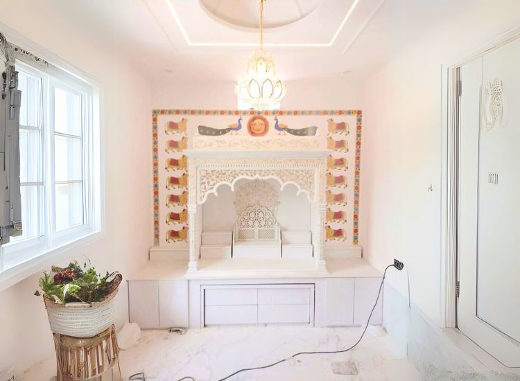 22. Fusion Marble Pooja Room Design