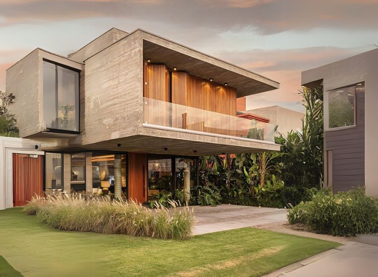 Travertine marble wall cladding adding contemporary appeal to the exterior wall of a house.
