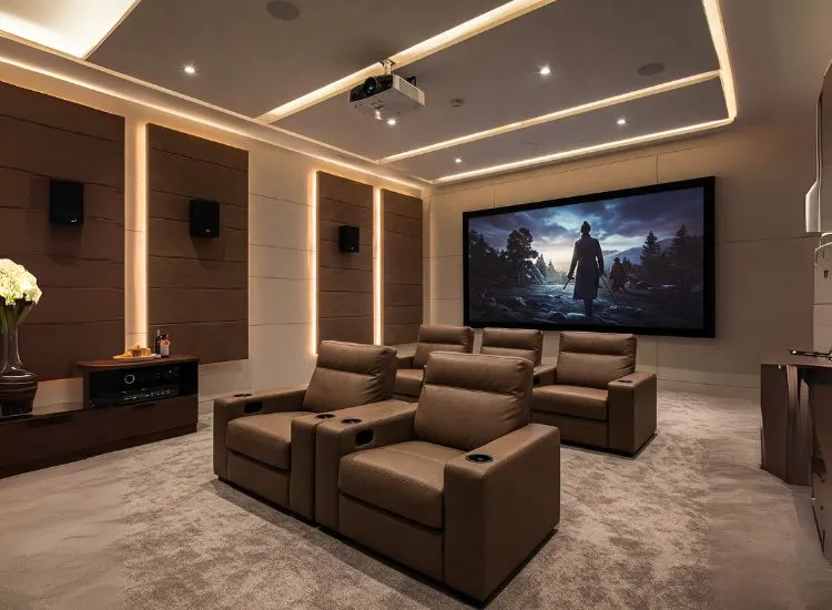 A luxurious modern duplex house design featuring a private home theater, stylish duplex house interior, and a contemporary ambiance.