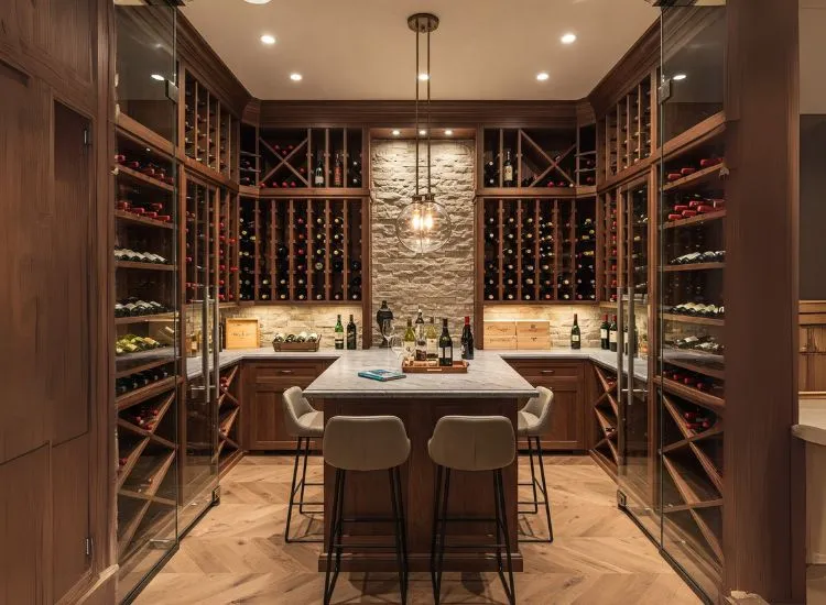 A stylish modern duplex house design featuring a luxurious wine cellar, elegant duplex house interior, and contemporary aesthetics.
