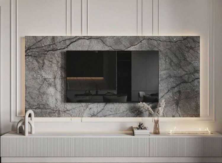 Black and White marble wall panel bringing sophisticated charm to the tv unit.