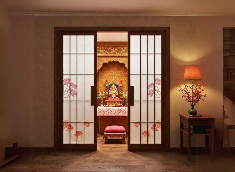 24. Mandir Design For Home With Door In Shoji Style