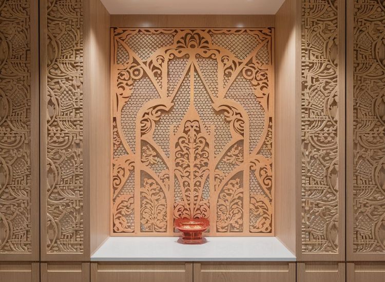 Indoor sophisticated jali PVC panel with soft, bright white lighting, adding a touch of elegance and modern charm to pooja space.