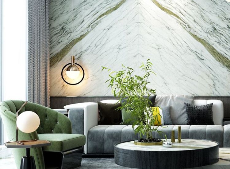 Patterned Italian marble wall paneling adding beauty to the living space.