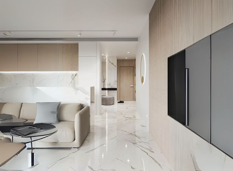 White Italian marble flooring bringing high-end appeal to the living space.