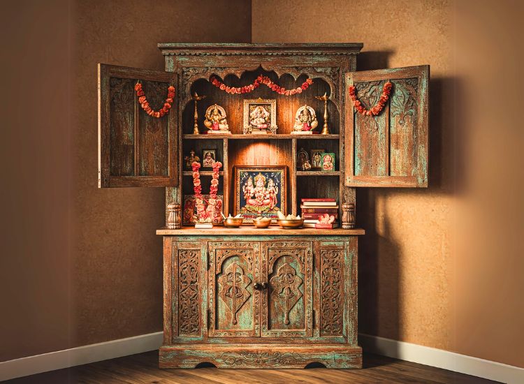 Rustic Wooden Pooja Unit Design.