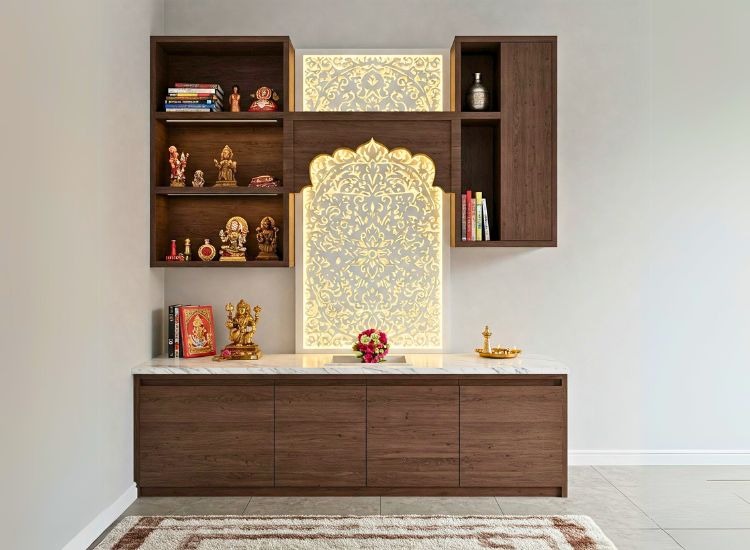 33. Modern Pooja Unit With Backlit Panel