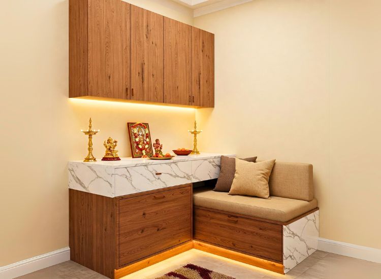 Pooja Unit With Seating Design.