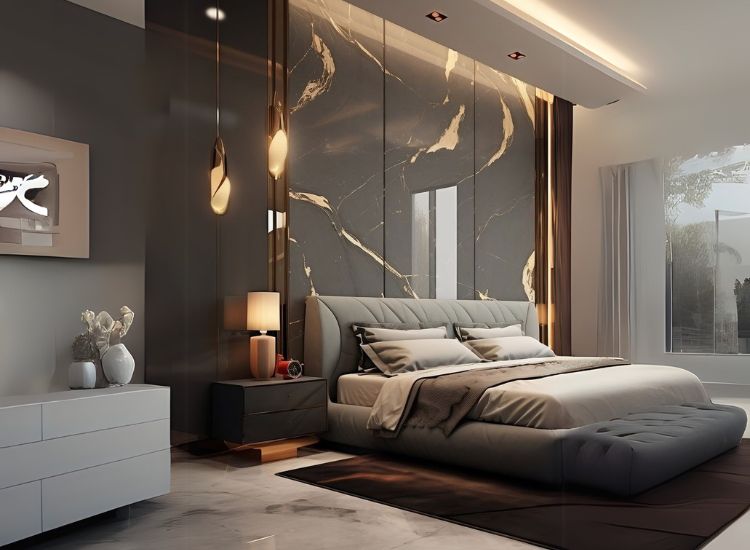 Black marble with golden veins enhancing the beauty of wall paneling in the bedroom.