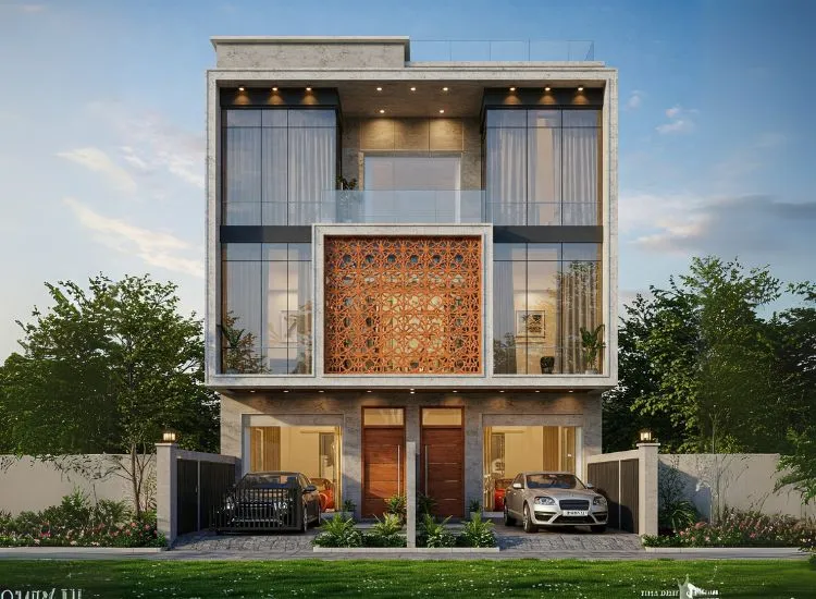 A stunning glass-front modern duplex house design featuring a sleek duplex house interior, contemporary aesthetics, and a spacious upper floor design.