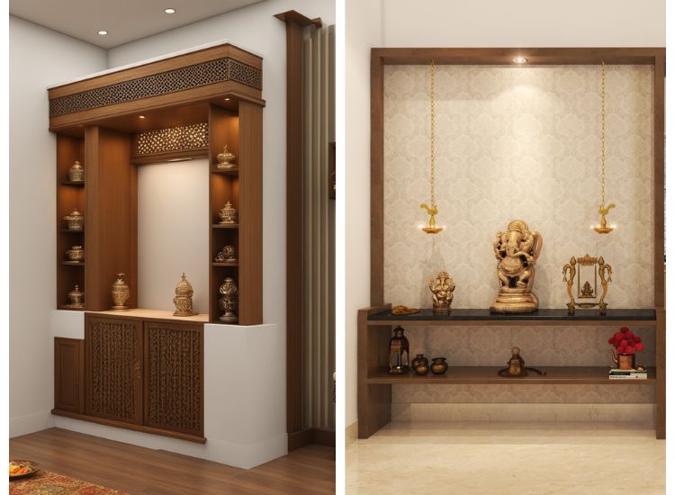 POP, wood, and marble incorporated back panel for a home pooja unit, blending materials for a stylish and contemporary look.