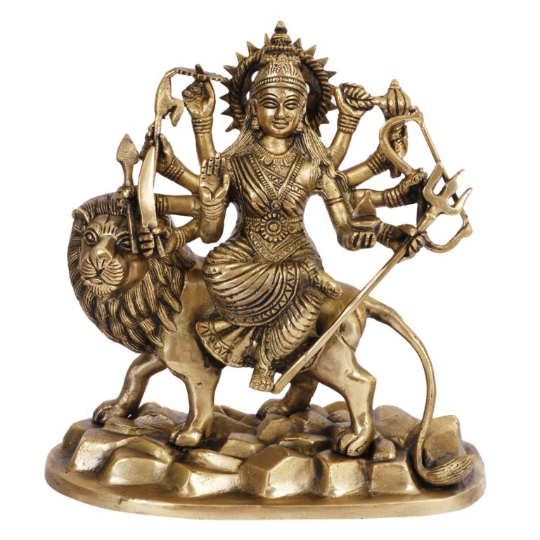 Kartique Brass Maa Durga Idol Sitting On Lion Walking on Stones Ma Sherawali Murti Devi Statue for Home Mandir