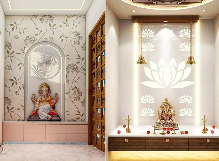 Ganpati Bappa pooja room unit with a lotus-carved back panel, illuminated with impressive lighting for a divine ambiance