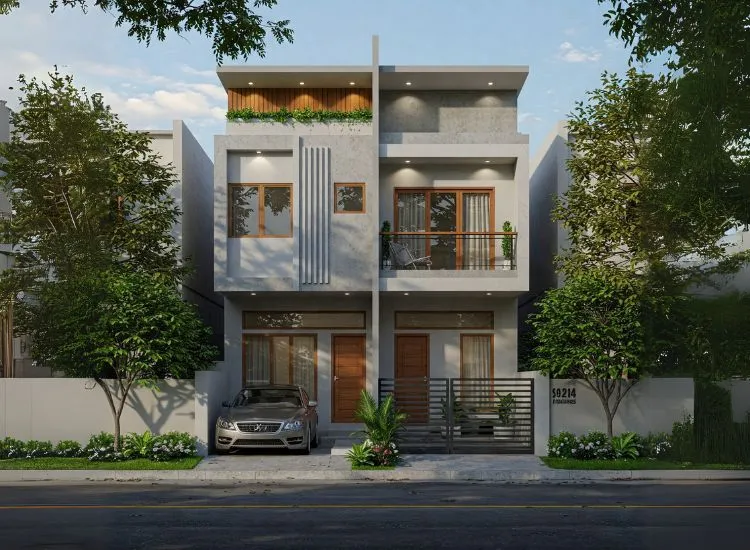 A stylish small modern duplex house design featuring a space-efficient duplex house interior, contemporary decor, and a smart upper floor design.
