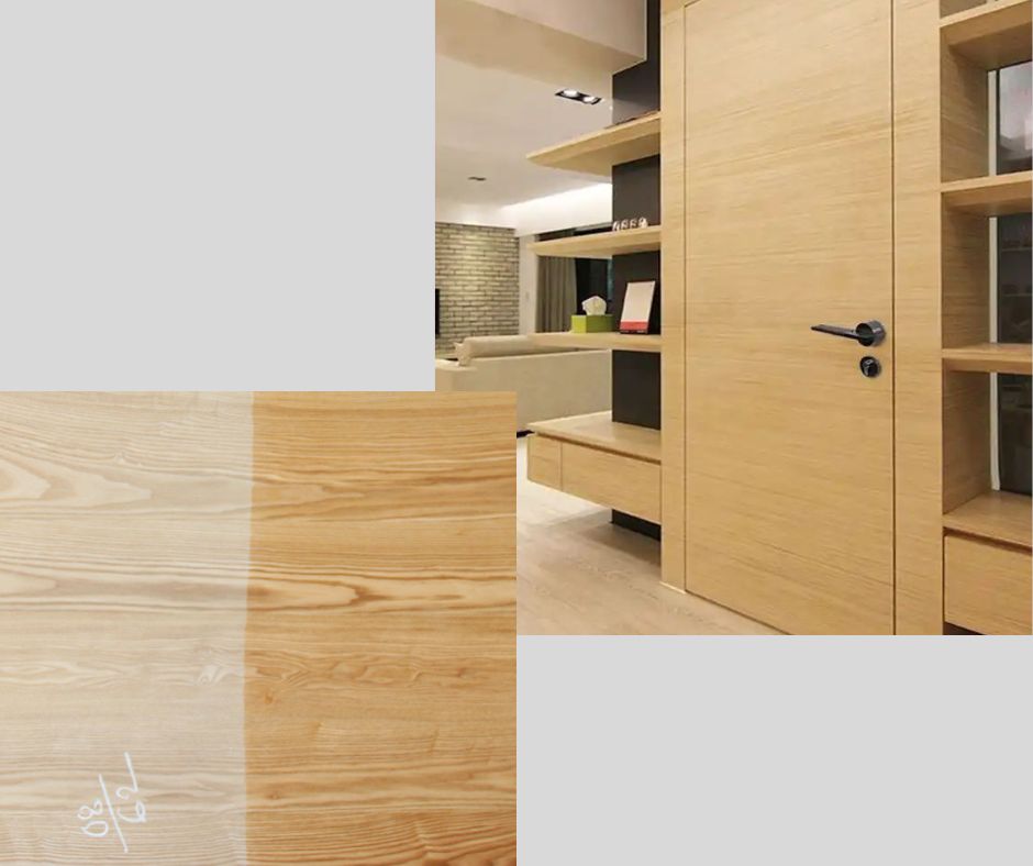 Wooden door and furniture finished with ash veneer, adding charm and character to the space