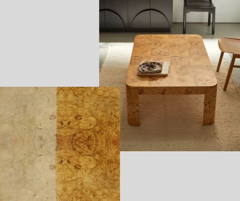 A coffee table with a matching base finished with burl veneer exhibiting swirling patterns and the appearance of textures