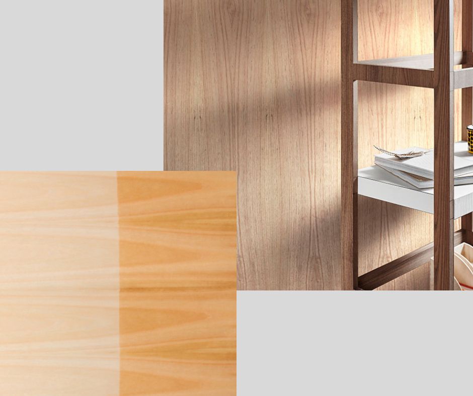 Wall paneling finished with cedar veneer featuring an aromatic timber, lighter color with a knotty texture and grain effect